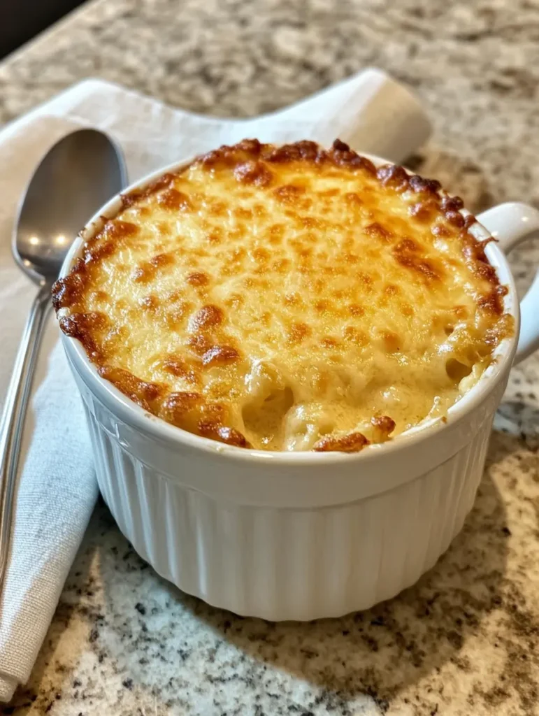 Baked mac and cheese with golden crust served in a white ceramic mug. Title : Baked Mac and Cheese in a Mug – Comfort Food in 5 Minutes