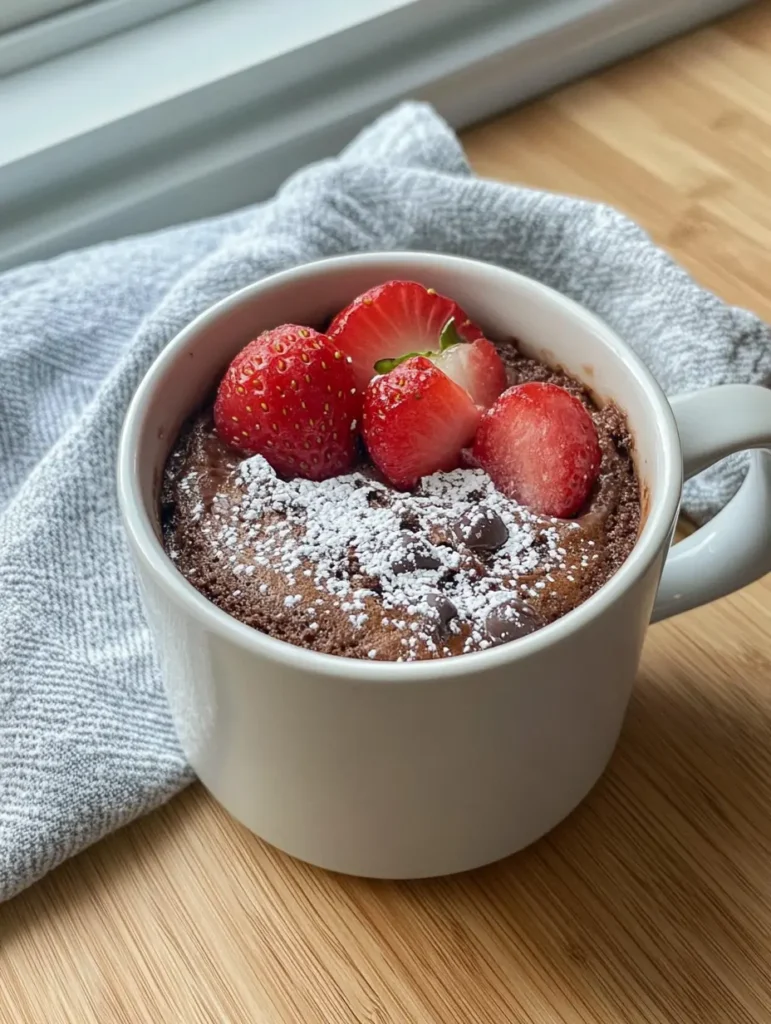 Mug snack with melted cheese, pepperoni slices, and toasted bread chunks in a rustic ceramic cup.