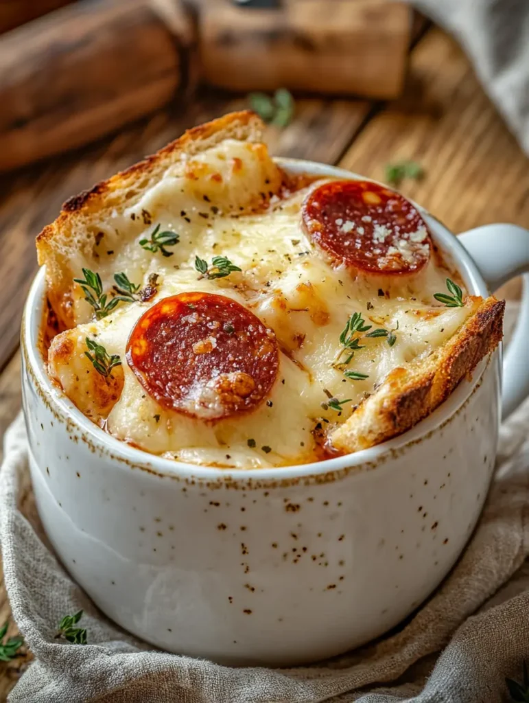 Mug snack with melted cheese, pepperoni slices, and toasted bread chunks in a rustic ceramic cup.