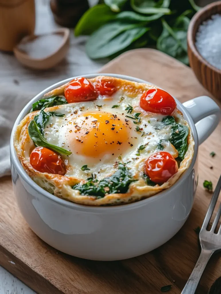 Vegetable mug omelette with spinach, cherry tomatoes, and egg yolk in a white mug.